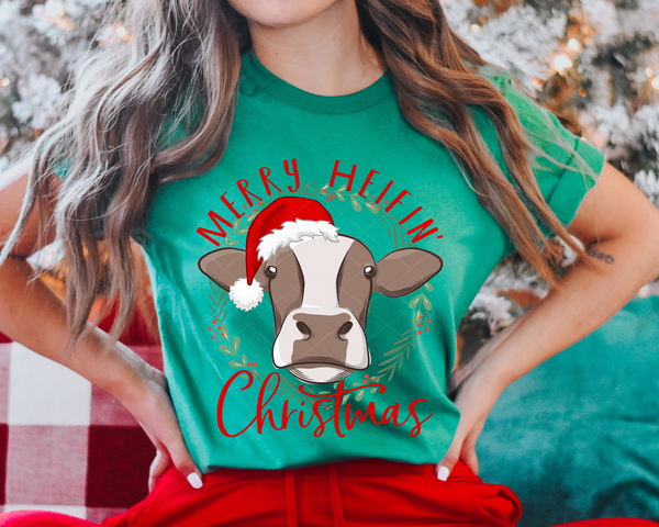 Merry Heifin' Christmas Cow Santa Hat Holly 8792 DTF TRANSFER