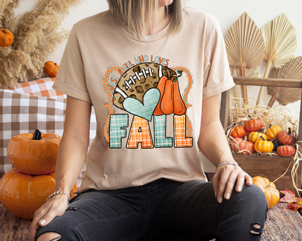 Just a girl who loves fall (football, pumpkin, orange and teal) 1440 DTF TRANSFER