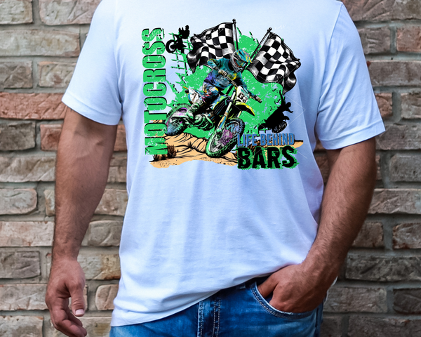 Motorcross Life Behind Bars (bright green distressed lettering, motorbike rider, race flags) 8967 DTF Transfer