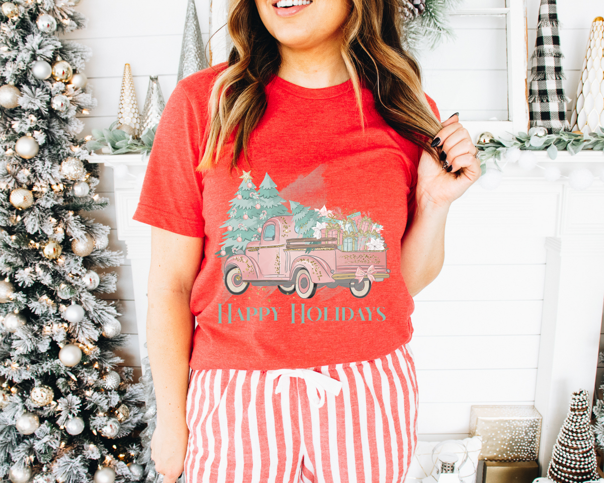 Happy Holidays Red Truck Trees 392 DTF TRANSFER