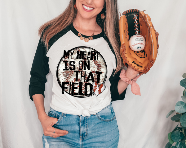 My Heart Is On That Field (round distressed baseball, small heart, black lettering) 8970 DTF Transfer