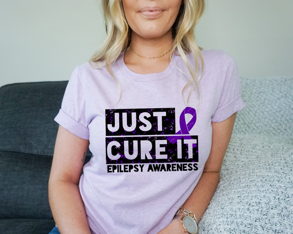 Just Cure It Epilepsy Awareness (black with purple splatter block with lettering and purple ribbon) 1644 DTF TRANSFER