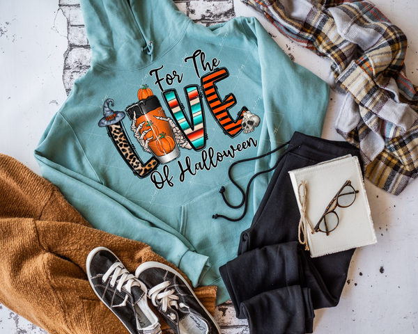 For The Love of Halloween (witches hat skeleton hand, skull, pumpkin, block lettering with leopard print, coffee cup, western stripes, orange & black stripes, cursive black lettering) 1407 DTF TRANSFER