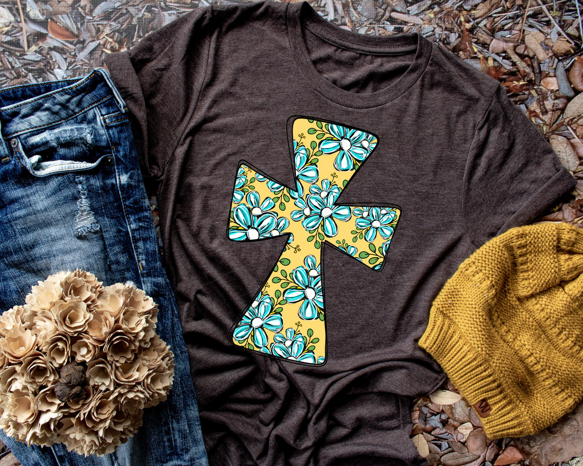 Yellow Blue Floral Cross (No Font) 68756 DTF TRANSFER
