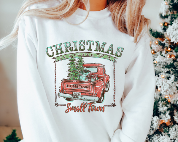 Christmas Is Better In A Small Town Red Truck (Red Blue Font) 8547 DTF TRANSFER