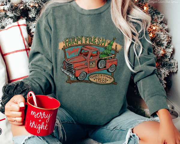 Farm Fresh Christmas Trees Vintage Red Truck (Brown Green Font) 8780 DTF TRANSFER