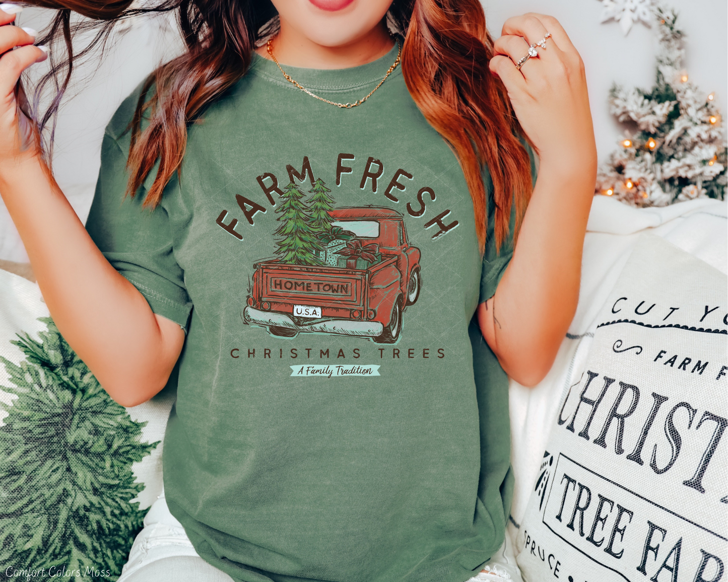 Farm Fresh Christmas Trees Vintage Red Truck A Family Tradition (Brown Font) 8451 DTF TRANSFER