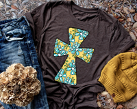 Yellow Blue Floral Cross (No Font) DTF TRANSFER