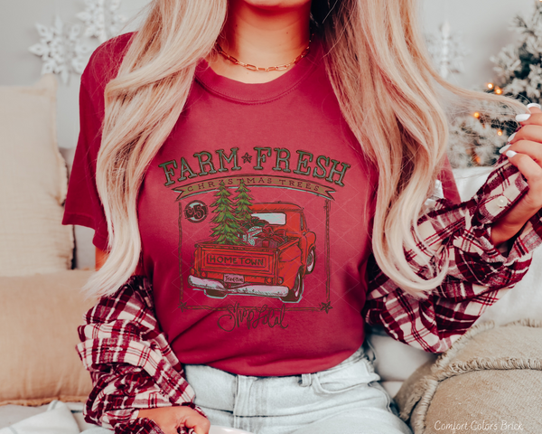 Farm Fresh Christmas Trees Vintage Red Truck Shop Local (Brown Font) 345 DTF TRANSFER