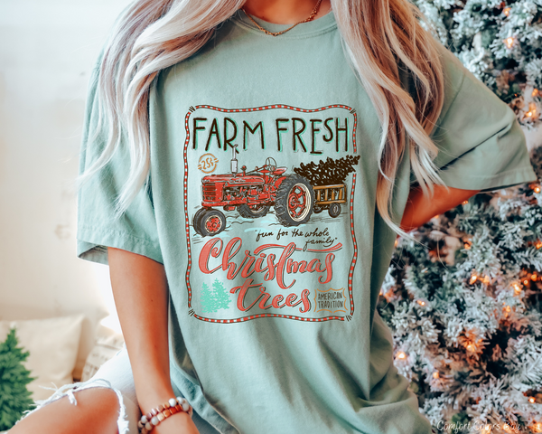 Farm Fresh Christmas Trees Vintage Red Tractor (Red Black Font) 8490 DTF TRANSFER