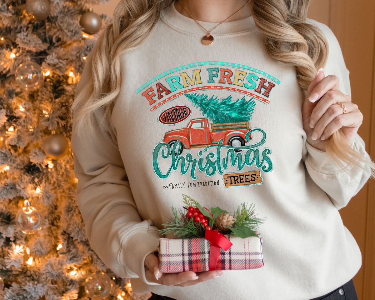 Farm Fresh Christmas Trees Colorful Vintage Red Truck (Blue Font) 8586 DTF TRANSFER