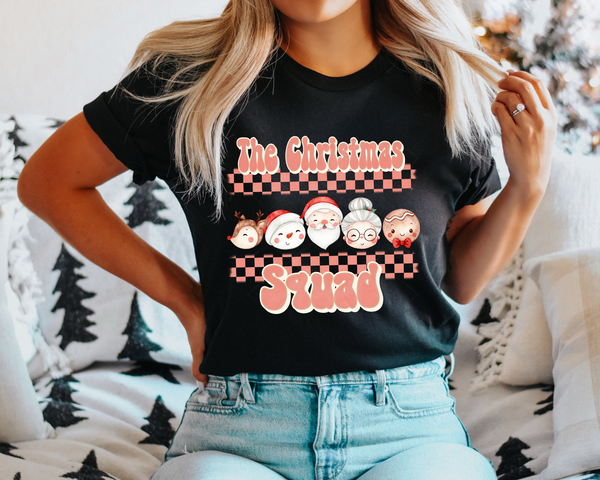 The Christmas Squad Checkered Santa Mrs Claus (Pink Font) 271 DTF TRANSFER