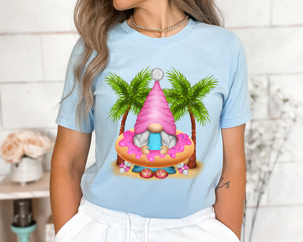 Beach inflatable lady gnome, pink, palm trees, inflatable ring, sand background) 1331 DTF TRANSFER