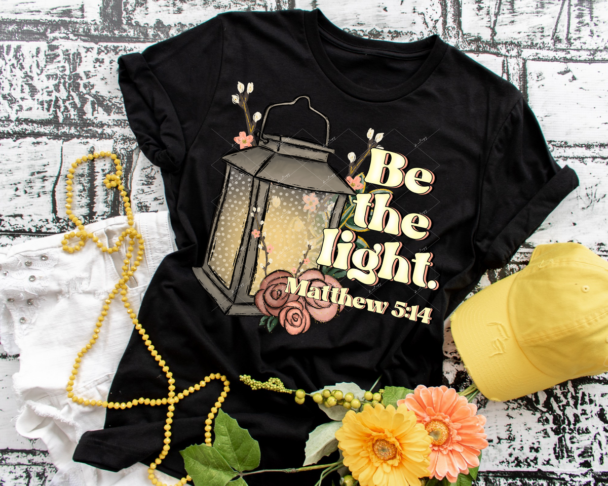 Be The Light Matthew 5:14 (lantern, roses, yellow with mauve lettering) DTF TRANSFER