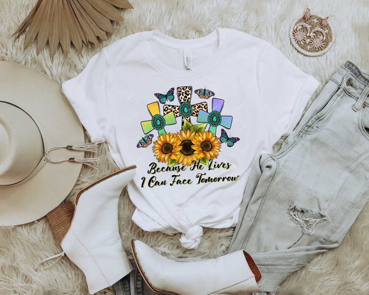 Because He lives I can face tomorrow (turquoise, crosses, leopard, sunflowers, butterflies) 112693 DTF TRANSFER