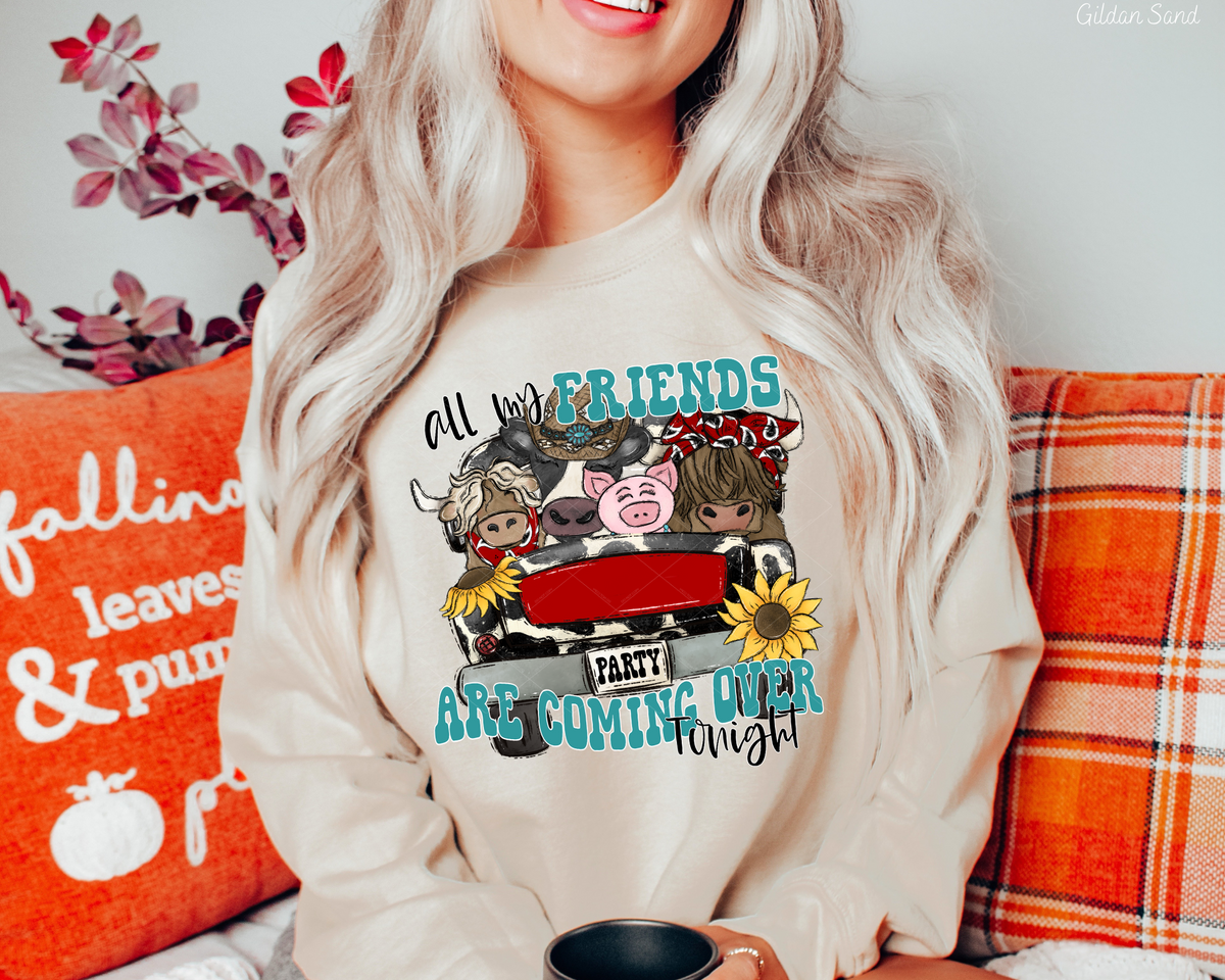 All My Friends Are Coming Over Tonight Truck Farm Animals (Black Blue Font) 356 DTF TRANSFER