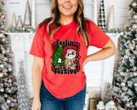 Feelin' Festive Christmas Tree Red Plaid (Black Font) 348 DTF TRANSFER