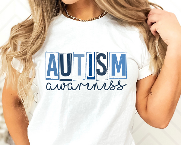Autism Awareness (blues color block lettering with blue cursive) 1217 DTF TRANSFER