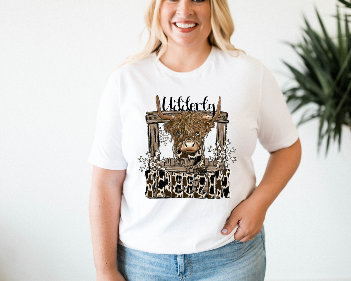 Udderly Freezin Cow White Snowflakes (Black Cow Print Font) 5112 DTF TRANSFER