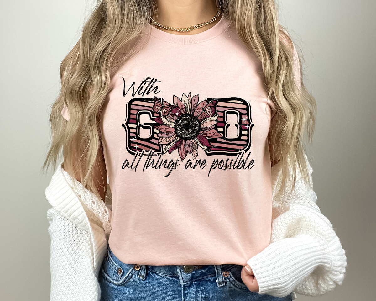 With God all things are possible (large sunflower, striped, burgundy to cream tone colors, butterflies, black lettering) 1794 DTF TRANSFER