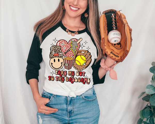 Take Me Out To The Ballgame (softball elements, leopard print brown & red, 70's vibe lettering) 8901 DTF Transfer
