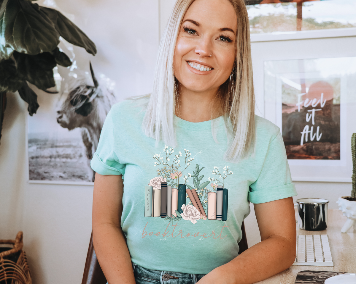 Booktrovert (books, floral, teal & coral colors) 8832 DTF Transfer