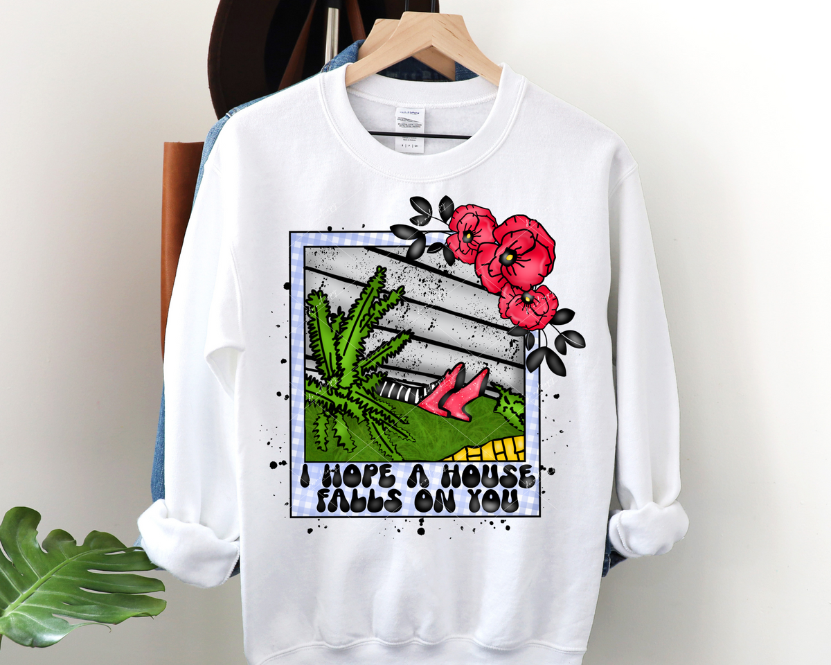 I hope a house falls on you (red poppies, red shoes, under house, yellow brick road, purple gingham) 1592 DTF TRANSFER