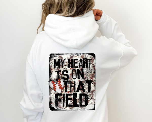 My Heart Is On That Field (square distressed baseball background, small heart, black lettering) 8971 DTF Transfer