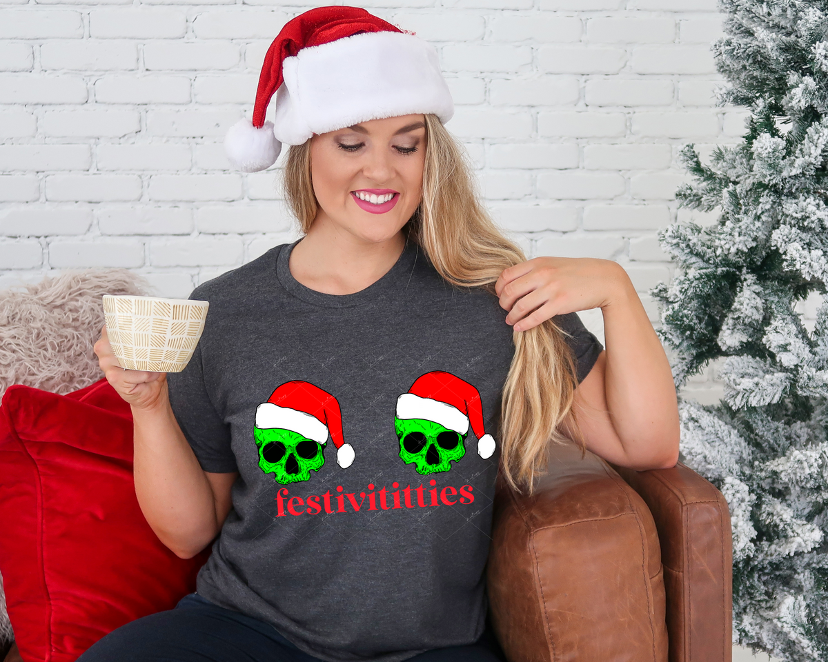 Festivititties (skeleton heads with Santa hats) 112701 DTF TRANSFER