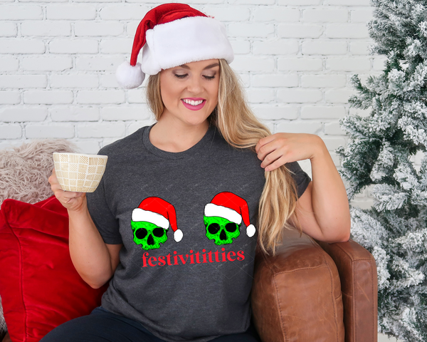 Festivititties (skeleton heads with Santa hats) DTF TRANSFER