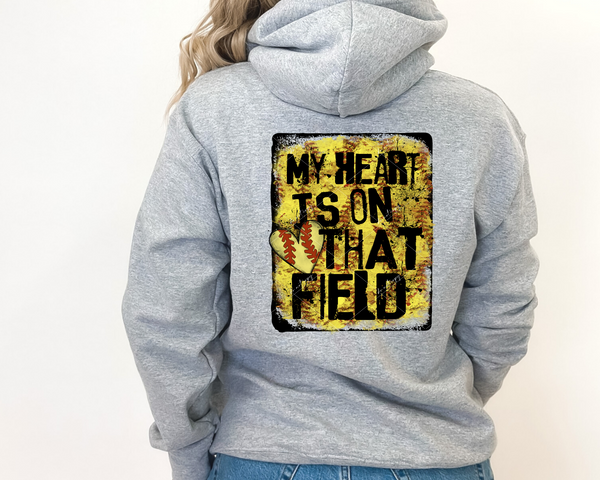 My Heart Is On That Field (square distressed softball background, small heart, black lettering) 8972 DTF Transfer