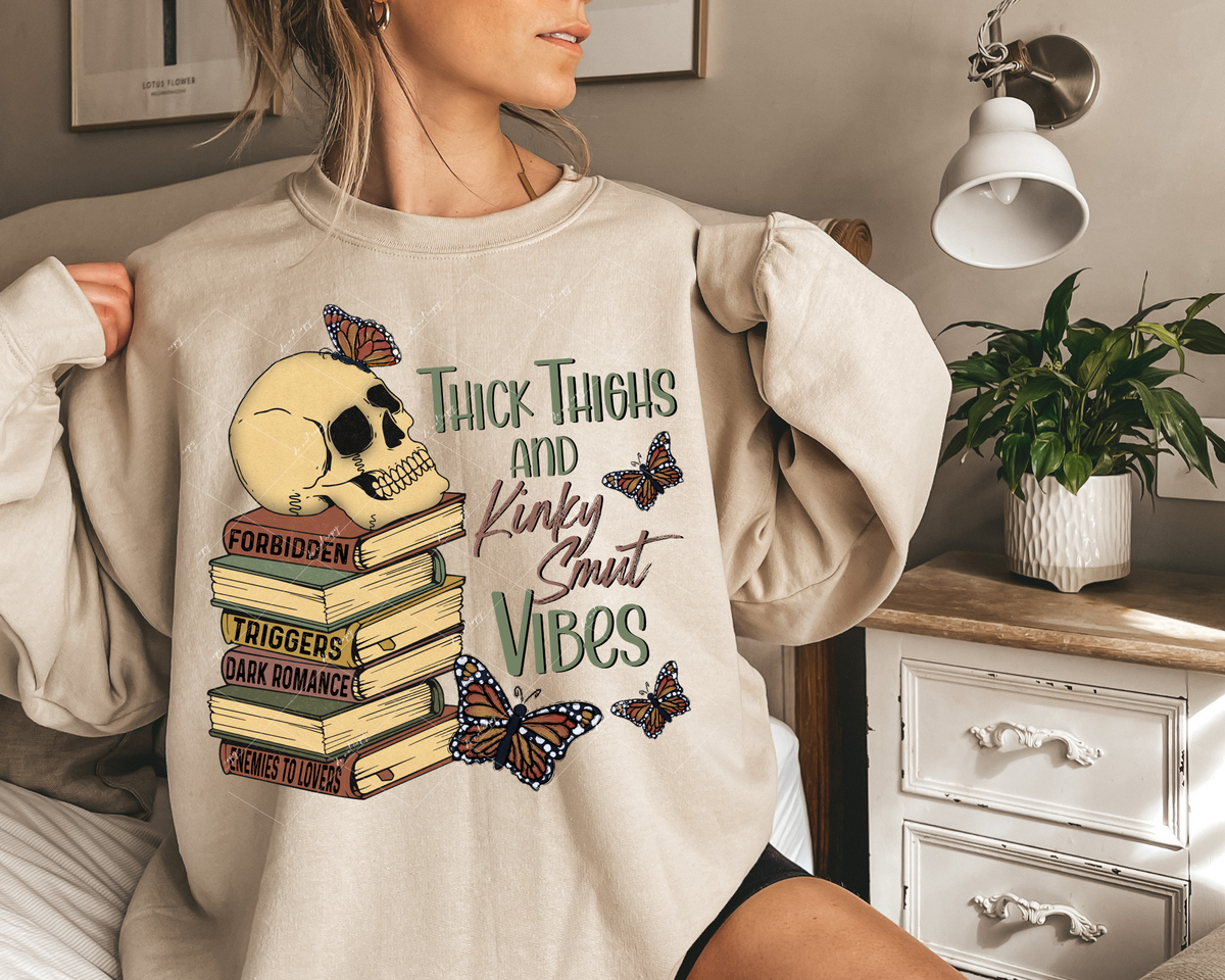 Thick Thighs and Kinky Smut Vibes (stack of books with skull head and butterflies) 112714 DTF TRANSFER