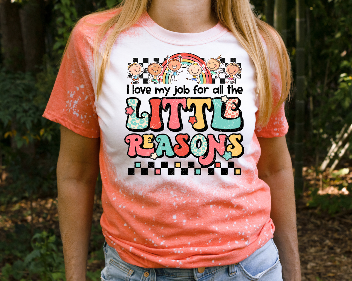 I love my job for all the little reasons (children, rainbow, black & white checker, retro bubble lettering, bright colors) 1594 DTF TRANSFER