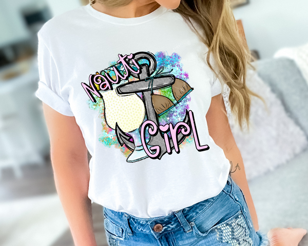 Nauti Girl (cocktail, anchor, bikini top, pink lettering) 8977 DTF Transfer