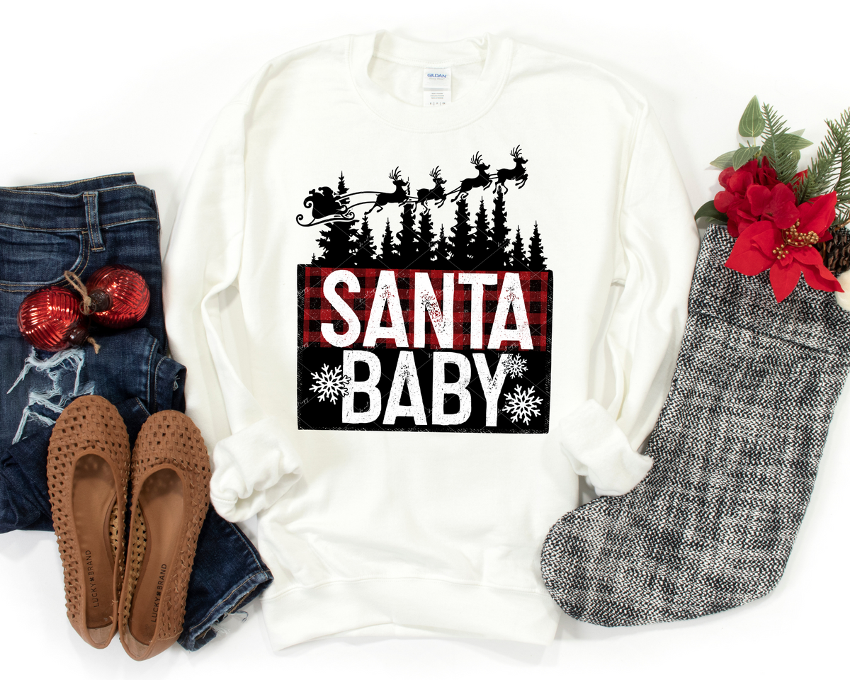 Santa Baby (black & red buffalo plaid, Santa and reindeer flying) 1044 DTF TRANSFER