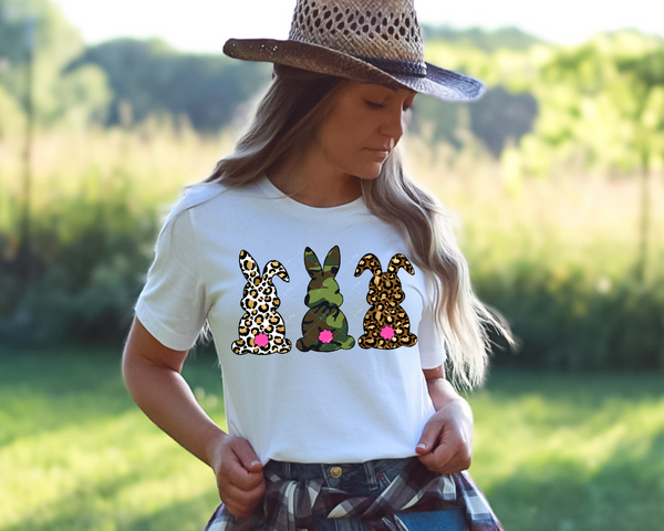 Bunny backs light leopard print, camo and dark leopard print, pink tails 1670 DTF TRANSFER