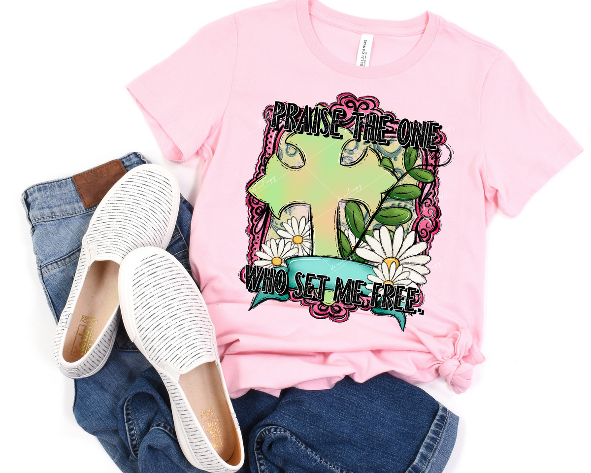 Praise The One Who Set Me Free (lime green cross, daisies, pink frame, black distressed lettering) 8979 DTF Transfer