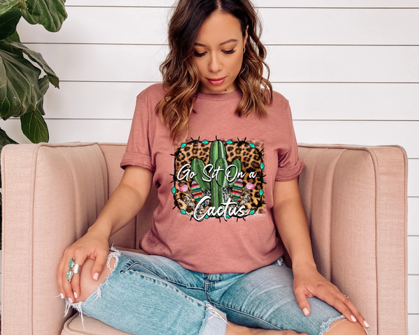 Go Sit On A Cactus (cactus with flower, western, cow, leopard print, barbed wire and turquoise stones frame, white cursive lettering) 1445 DTF TRANSFER