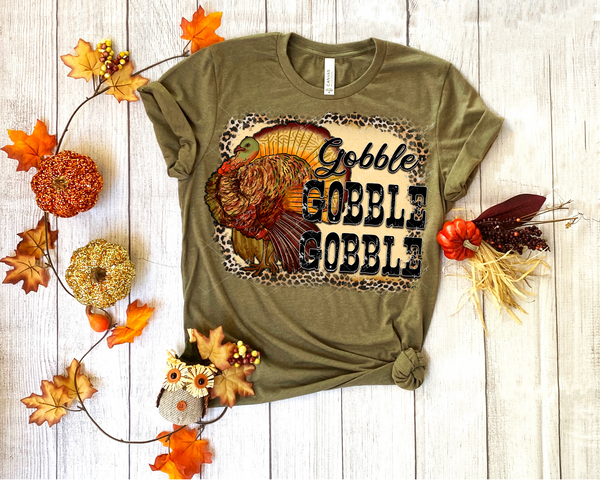 Gobble Gobble Gobble (leopard print & cream texture background, turkey, black distressed lettering) 1446 DTF TRANSFER