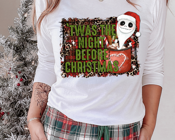 'Twas the night before Christmas (hot chocolate mug with skeleton Santa, leopard and plaid) 1021 DTF TRANSFER