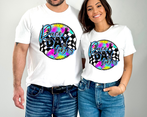 Race Day vibes 049 (fluorescent colors, race flags, circle frame, black lettering) DTF Transfer