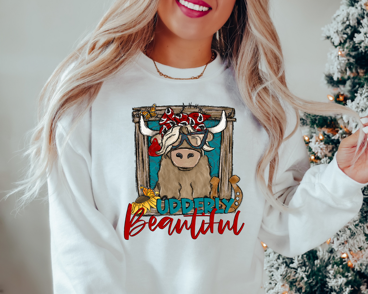 Udderly Beautiful Cow Red Bandana Sunflower (Teal Red Font) 5111 DTF TRANSFER