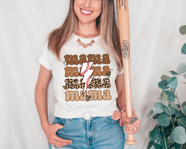Mama stacked (baseball lightning bolt, leopard print brown & brown shades, 70's vibe lettering) 8909 DTF Transfer