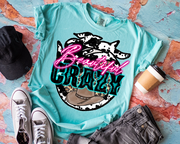 Beautiful Crazy (cow and leopard print, florescent pink and distressed lettering, cowboy hat) 9023 DTF TRANSFER