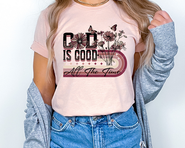 god is good all the time (daisies, striped, burgundy to cream tone colors, butterflies, black lettering) 1792 DTF TRANSFER