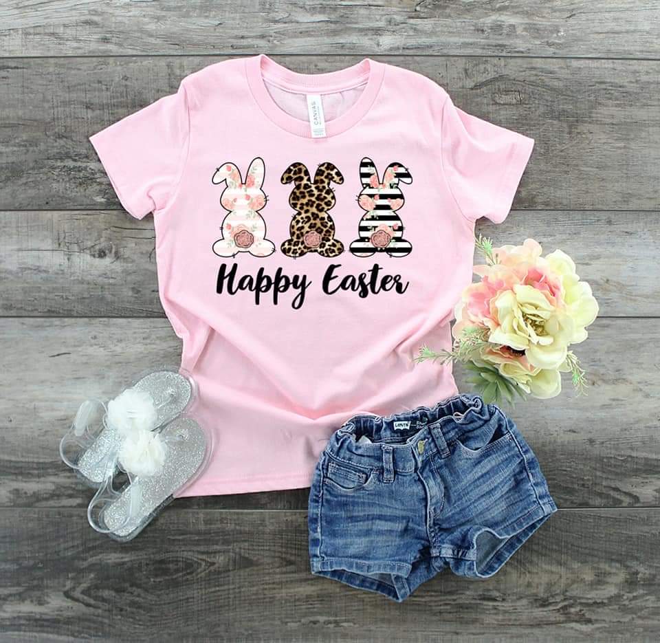 YOUTH GIRLS Happy Easter bunnies  HIGH HEAT screen print transfer start ship 03/25