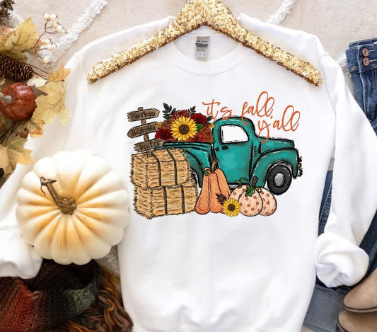 It's fall y'all teal truck with hay 8248 DTF TRANSFER