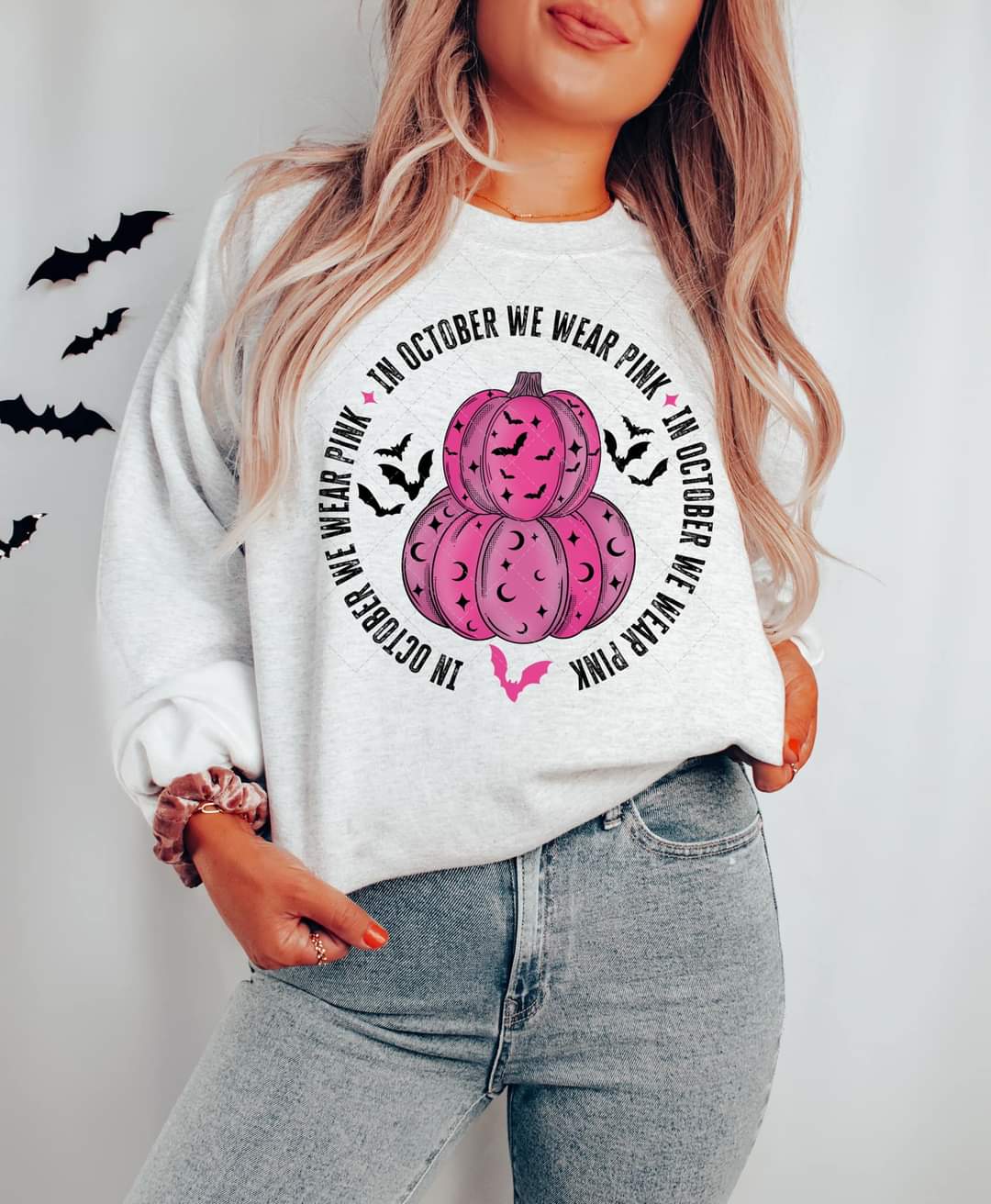 In October we wear pink circle with pink stacked pumpkins and bats 8317 DTF TRANSFER