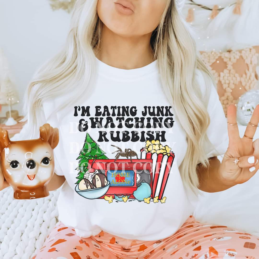 I'm eating junk & watching Rubbish (popcorn/tree/vcr tape) 8462 DTF TRANSFER
