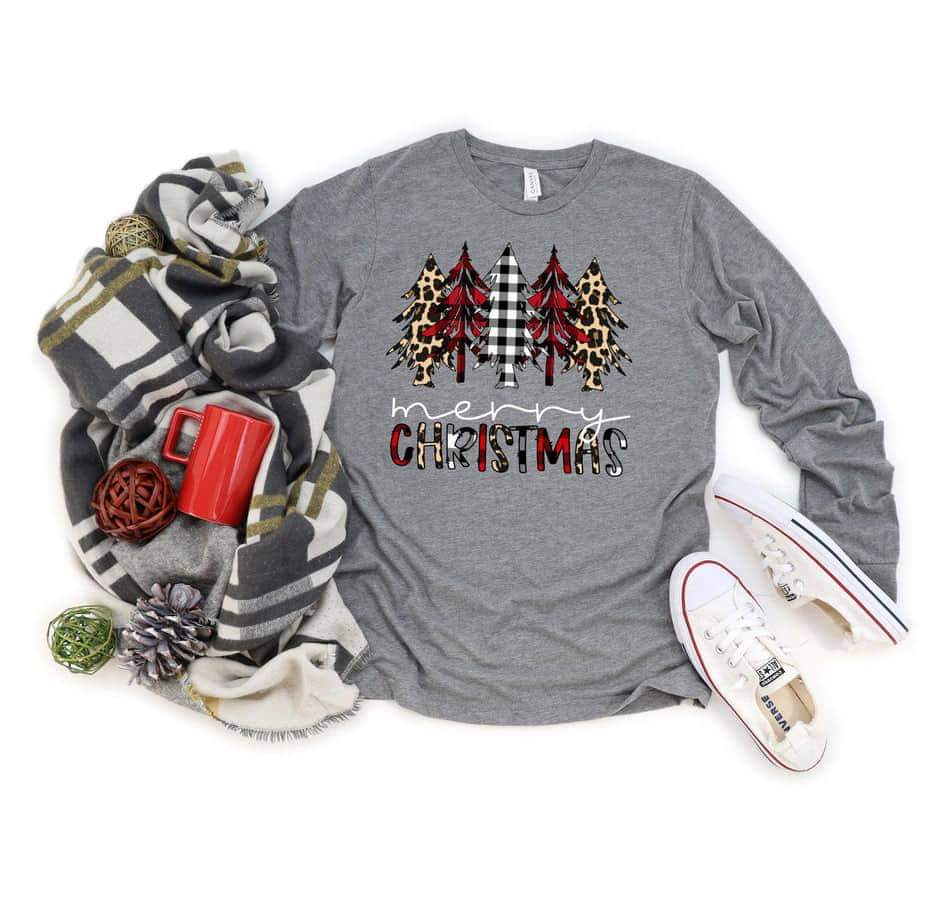 Merry Christmas buffalo plaid and leopard trees  (white writing) 8442 DTF TRANSFER